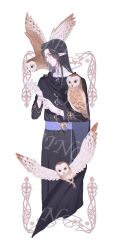 Rule 34 | 1boy, animal on arm, artist name, ashuijing, barn owl, belt, bird, bird on arm, black hair, black robe, black sash, black sleeves, blue belt, blue eyes, closed mouth, collar, commentary, cowboy shot, crescent belt buckle, english commentary, expressionless, glasses, gloves, high collar, long hair, long sleeves, original, owl, pointy ears, putting on gloves, robe, round eyewear, sash, simple background, solo, watermark, white background, white collar, white gloves, yellow-framed eyewear