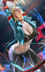 Rule 34 | 1girl, 2023, artist name, black choker, black pants, blonde hair, blue eyes, blue jacket, breasts, cammy stretch (meme), cammy white, choker, cleavage, female focus, fingerless gloves, gloves, highres, jacket, large breasts, looking at viewer, navel, pants, parted lips, red gloves, signature, smile, stomach, street fighter, street fighter 6, stretching, zumi (zumidraws)