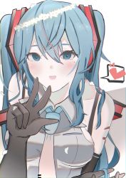 Rule 34 | 1girl, bare shoulders, black gloves, blue eyes, blue hair, blue necktie, blush, collared shirt, commentary request, dress shirt, elbow gloves, gloves, gradient neckwear, grey background, grey shirt, hair between eyes, hatsune miku, heart, highres, holding, holding own hair, long hair, looking at viewer, necktie, open mouth, shirt, shoulder tattoo, simple background, sleeveless, sleeveless shirt, smile, solo, spoken heart, tattoo, turn3341, twintails, vocaloid, white background, yellow necktie