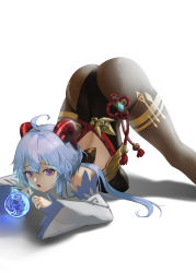 Rule 34 | 1girl, absurdres, ahoge, artist request, ass, bare shoulders, blue hair, bodysuit, breast press, breasts, detached sleeves, ganyu (genshin impact), genshin impact, goat horns, highres, horns, huge ass, jack-o&#039; challenge, jack-o challenge, large breasts, leotard, long hair, looking at viewer, open mouth, orb, pantyhose, purple eyes, solo, spread legs, top-down bottom-up, very long hair, white background, wide spread legs