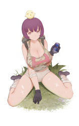 Rule 34 | 1girl, animal, animal on head, backpack, bag, bandages, bandaid, bird, bird on head, black footwear, black gloves, bob cut, breasts, camouflage, camouflage shirt, can, character request, cleavage, gaoerji, gloves, grass, grey eyes, h, highres, holding, holding can, large breasts, looking at viewer, on head, plant, purple hair, red bull, shirt, short hair, simple background, sitting, socks, solo, tank top, wariza, white socks
