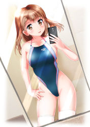 Rule 34 | 1girl, brand name imitation, breasts, brown eyes, brown hair, cellphone, competition swimsuit, highleg, highleg swimsuit, large breasts, mashinatsu, mirror, one-piece swimsuit, original, phone, reflection, reiji-sss, selfie, short hair, sideboob, speedo (company), swimsuit