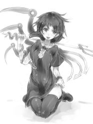 Rule 34 | 1girl, asymmetrical wings, black hair, black thighhighs, bow, clothes lift, dress, dress lift, female focus, greyscale, houjuu nue, monochrome, polearm, seiza, simple background, sitting, sketch, solo, sweat, thighhighs, touhou, trident, ukyo rst, weapon, wings