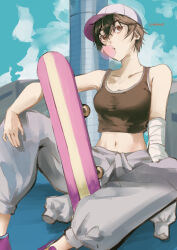 Rule 34 | 1girl, absurdres, artist name, bandaged arm, bandages, bare shoulders, black hair, black tank top, blue sky, breasts, brown eyes, blowing bubbles, building, chewing gum, cleavage, clothes around waist, cloud, collarbone, commentary, cropped shirt, feet out of frame, hair between eyes, hand on own knee, highres, holding, holding skateboard, jacket, jacket around waist, kanbaru suruga, kkheicho, knee up, looking up, medium breasts, midriff, monogatari (series), navel, on ground, outdoors, pants, puffy pants, purple footwear, purple headwear, shoes, short hair, signature, sitting, skateboard, sky, sleeveless, sneakers, solo, tank top, tomboy, twitter username, two-tone headwear, utility pole, very short hair, white headwear, white jacket, white pants