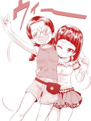 Rule 34 | 2girls, :d, \n/, arm around neck, arm around waist, arm grab, arm up, blunt bangs, blunt ends, bob cut, braid, casual, commentary, drunk, frilled shirt, frilled skirt, frills, fukuda haru, girls und panzer, glasses, hair tie, hand fan, highres, light frown, long hair, looking at viewer, midriff peek, miniskirt, monochrome, motion lines, multiple girls, nishihara yasoko, one eye closed, opaque glasses, open mouth, parted lips, pleated skirt, red theme, round eyewear, saliva, shirt, short hair, short sleeves, shorts, skirt, smile, tank top, translated, twin braids, twintails, yoyokkun