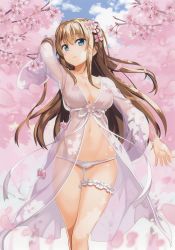Rule 34 | 1girl, absurdres, arm up, babydoll, blue eyes, breasts, bridal garter, brown hair, cameltoe, cherry blossoms, day, from below, front-tie top, gluteal fold, hair over shoulder, hair ribbon, highres, huge filesize, large breasts, light smile, long hair, navel, nipples, outdoors, outstretched arms, panties, parted lips, petals, ribbon, scan, see-through, sidelocks, skindentation, solo, thigh gap, underwear, white panties, wrist cuffs, yan-yam