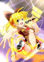 Rule 34 | 1girl, :d, adapted costume, ahoge, alternate costume, bobu (bovyo222), bow, breasts, cleavage, earphones, hair bow, hair ornament, hair ribbon, heart, highres, holding, idol, jumping, kurodani yamame, looking at viewer, microphone, music, navel, open mouth, revealing clothes, ribbon, silk, singing, smile, solo, spider web, touhou