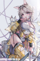 Rule 34 | 1girl, absurdres, animal ears, arknights, blush, breasts, cleavage, commentary request, grey background, grey eyes, grey hair, hair bun, half-closed eyes, hand up, highres, holding, jacket, kazemaru (arknights), kneeling, leotard, long sleeves, medium breasts, open clothes, open jacket, oreshki, parted bangs, parted lips, puffy long sleeves, puffy sleeves, saliva, single hair bun, solo, tongue, tongue out, torn clothes, torn legwear, white leotard, yellow jacket, yellow legwear