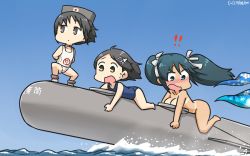 Rule 34 | !, !!, 3girls, black hair, blue eyes, blue hair, blue one-piece swimsuit, blue sky, breasts, brown eyes, cleavage, unworn clothes, commentary request, dated, diving mask, diving mask on head, goggles, goggles on head, gradient sky, green eyes, hair ornament, hairclip, hamu koutarou, highres, isuzu (kancolle), kantai collection, kuroshio (kancolle), large breasts, long hair, maru-yu (kancolle), multiple girls, nude, one-hour drawing challenge, one-piece swimsuit, parted bangs, school swimsuit, short hair, sky, swimsuit, tan, tanline, torpedo, twintails, wardrobe malfunction, water, white one-piece swimsuit, white school swimsuit