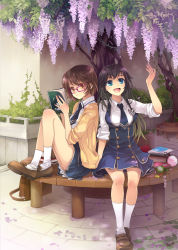 Rule 34 | 2girls, :d, bag, black hair, blue eyes, book, brown hair, camera, cardigan, cellphone charm, cellphone strap, charm (object), feiwing, flower, glasses, highres, long hair, multiple girls, necktie, open book, open mouth, original, reading, red-framed eyewear, school uniform, short hair, signature, sitting, sleeves pushed up, sleeves rolled up, smile, tree, wisteria, yellow eyes