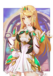 Rule 34 | 1girl, absurdres, bare shoulders, blonde hair, breasts, ca zi, chest jewel, chinese commentary, cleavage, cowboy shot, dress, earrings, gem, gloves, highres, jewelry, large breasts, long hair, looking at viewer, mythra (xenoblade), nintendo, short dress, simple background, solo, swept bangs, thigh strap, tiara, white dress, white gloves, xenoblade chronicles (series), xenoblade chronicles 2, yellow eyes