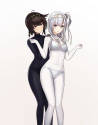Rule 34 | 2girls, ahoge, anchor symbol, black bodysuit, black hairband, blush, bodysuit, bra, breasts, brown eyes, brown hair, closed mouth, clothes writing, covered navel, grey background, grey eyes, guo582, hair between eyes, hairband, hands on another&#039;s shoulders, hatsuzuki (kancolle), head tilt, highres, kantai collection, long hair, looking at viewer, medium breasts, multiple girls, one side up, panties, parted lips, short hair, silver hair, simple background, skin tight, smile, standing, suzutsuki (kancolle), underwear, w arms, white bodysuit, white bra, white hairband, white panties