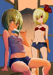Rule 34 | 2girls, :p, absurdres, alternate costume, antennae, bare arms, bare shoulders, bikini, bikini top only, blonde hair, casual, food, green hair, hair between eyes, hair ribbon, hand on own hip, highres, hijikawa arashi, looking at viewer, micro shorts, midriff, multiple girls, navel, open fly, popsicle, red bikini, red eyes, red ribbon, ribbon, rumia, short hair, shorts, sitting, sketch, stomach, swimsuit, tongue, tongue out, touhou, wriggle nightbug