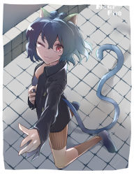 Rule 34 | 1girl, animal ears, breasts, cat ears, cat tail, claws, cleavage, doll joints, female focus, highres, hunter x hunter, joints, kneehighs, neferpitou, one eye closed, open clothes, open shirt, red eyes, shirt, shoes, short hair, slit pupils, socks, tail, white hair, yagisawa teru
