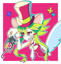 Rule 34 | 1boy, 1girl, absurdres, animal ears, blush stickers, breasts, green hair, grin, hat, heart, highres, hole on body, leotard, mad rat, mad rat dead, mouse (animal), mouse ears, mouse girl, mouse tail, nippon ichi, rat god, red eyes, smile, tail, tie clip, top hat, wings, wrist cuffs