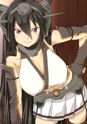 Rule 34 | 1girl, armpits, bare shoulders, black hair, blush, breasts, cleavage, closed mouth, hair between eyes, hand on own hip, headgear, highres, kantai collection, large breasts, leaning forward, legs, long hair, looking at viewer, miniskirt, nagato (kancolle), nanokah2, pink eyes, skirt, smile, solo, standing, thighs, white skirt