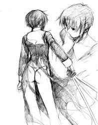 Rule 34 | 00s, 1girl, asaga aoi, ass, back, black keys (type-moon), ciel (tsukihime), close-up, dress, from behind, greyscale, legs, monochrome, multiple views, nun, panties, short hair, simple background, sketch, standing, sword, thong, torn clothes, tsukihime, turtleneck, underwear, weapon