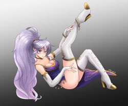 Rule 34 | 1girl, anklet, artist name, black background, boots, bracelet, breasts, cleavage, dress, earrings, elbow gloves, fingerless gloves, fire emblem, fire emblem: genealogy of the holy war, full body, gloves, gradient background, high heel boots, high heels, highres, ishtar (fire emblem), jewelry, leg up, light purple hair, long hair, looking at viewer, medium breasts, nintendo, parted lips, ponytail, purple dress, purple eyes, ring, signature, simple background, sleeveless, sleeveless dress, solo, tareme, thigh boots, thighhighs, thighs, white footwear, white gloves, white thighhighs, will (willanator93)