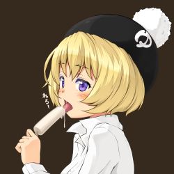 Rule 34 | 1girl, absurdres, beanie, black hat, blonde hair, blush, brown background, commentary request, food, hat, highres, kitsunerider, long sleeves, looking at viewer, looking to the side, open mouth, original, popsicle, purple eyes, shirt, short hair, simple background, solo, tongue, tongue out, upper body, white shirt