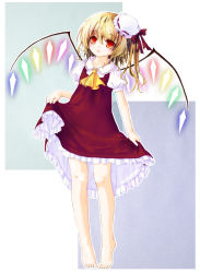 Rule 34 | 1girl, :d, ascot, barefoot, bow, clothes grab, dress, female focus, flandre scarlet, full body, hat, hat bow, open mouth, orange eyes, red dress, ryu-ka, short sleeves, smile, solo, standing, embodiment of scarlet devil, tiptoes, touhou, wings