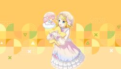 Rule 34 | 1girl, blonde hair, blue dress, brooch, character doll, closed mouth, cloud, colorful palette, dot nose, dress, fingernails, frilled dress, frilled sleeves, frills, glitter, gradient dress, green eyes, hair ornament, hairclip, hands up, hat, highres, hugging object, jewelry, kagamine rin, lala (little twin stars), little twin stars, long sleeves, looking at another, neck ribbon, nightcap, nightgown, no nose, official art, parted lips, pearl hair ornament, pillow, pillow hug, pink dress, pink hair, pink ribbon, project sekai, puffy long sleeves, puffy sleeves, ribbon, sanrio, see-through, see-through sleeves, short hair, smile, solid circle eyes, star (symbol), star brooch, star hair ornament, star-shaped pillow, swept bangs, third-party source, vocaloid, white nightgown, yellow dress, yellow nails