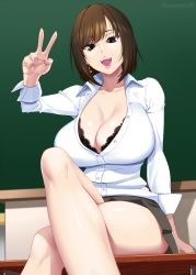 Rule 34 | 1girl, absurdres, bare legs, bra, bra peek, breasts, brown eyes, brown hair, chalkboard, cleavage, commentary request, crossed legs, desk, earrings, gyaru, highres, jewelry, kogal, large breasts, long sleeves, looking at viewer, mattari yufi, on desk, open clothes, open mouth, open shirt, original, partially unbuttoned, pink lips, pleated skirt, podium, school uniform, shirt, short hair, sitting, on desk, skirt, smile, solo, twitter username, underwear, v, white shirt