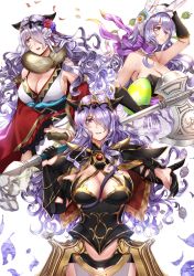 Rule 34 | 1girl, animal ears, armor, axe, bare shoulders, breasts, camilla (fire emblem), camilla (spring) (fire emblem), cleavage, easter egg, egg, fire emblem, fire emblem fates, fire emblem heroes, fire emblem warriors, flower, hair flower, hair ornament, hair over one eye, japanese clothes, kimono, large breasts, long hair, looking at viewer, multiple persona, nintendo, purple hair, rabbit ears, smile, tiara, very long hair, wani (fadgrith), wavy hair, weapon, white background