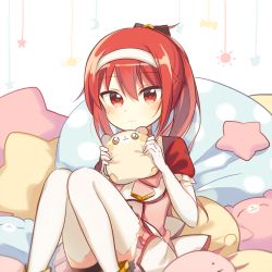 Rule 34 | 1girl, 3:, blush, boyano, candy, closed mouth, elbow gloves, food, gloves, hair between eyes, hairband, holding, knees together feet apart, looking at viewer, pillow, polka dot pillow, ponkotsu hero eileen, ponytail, red eyes, red hair, sitting, solo, star-shaped pillow, stuffed animal, stuffed hamster, stuffed toy, thighhighs, wavy mouth, white gloves, white thighhighs