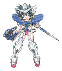 Rule 34 | 1girl, :o, black hair, blue eyes, dual wielding, fingerless gloves, full body, garter straps, gloves, gluteal fold, gundam, gundam 00, gundam exia, hair between eyes, headgear, holding, holding sword, holding weapon, mecha musume, open mouth, panties, personification, purple thighhighs, shinjou satomi, simple background, solo, sword, thighhighs, underwear, v-fin, weapon, white background, white gloves, white panties