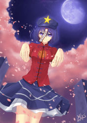 Rule 34 | 10s, 1girl, 2011, beret, chinese clothes, dated, female focus, full moon, hat, highres, miyako yoshika, moon, night, ofuda, outstretched arms, petals, purple eyes, purple hair, short hair, short sleeves, signature, smile, solo, star (symbol), touhou, yules, zombie pose