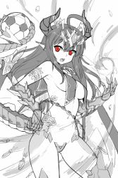 Rule 34 | 1girl, ahoge, armpits, ball, beatrice (soccer spirits), breasts, dragon girl, female focus, gauntlets, horns, jewelry, large breasts, long hair, monochrome, red eyes, serin199, sketch, soccer ball, soccer spirits, solo, spot color, tail