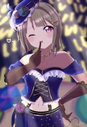 Rule 34 | 1girl, absurdres, black gloves, bob cut, collarbone, elbow gloves, finger to mouth, gloves, glowstick, grey hair, heart, highres, idol, idol clothes, index finger raised, jewelry, looking at viewer, love live!, love live! nijigasaki high school idol club, nakasu kasumi, navel, necklace, nyako (utaneko31), one eye closed, open mouth, red eyes, short hair, solo