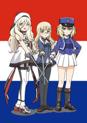Rule 34 | 10s, 3girls, :d, absurdres, ascot, bad id, bad pixiv id, bc freedom (emblem), beret, black legwear, blonde hair, blue eyes, boots, brown eyes, commentary request, crossover, dress, emblem, artistic error, flag background, france, french flag, garter straps, girls und panzer, girls und panzer saishuushou, glasses, hat, highres, holding, hoshino banchou, kantai collection, kepi, light brown hair, long hair, looking at viewer, military hat, mole, mole under eye, multiple crossover, multiple girls, open mouth, oshida (girls und panzer), pantyhose, perrine h. clostermann, pleated skirt, rapier, richelieu (kancolle), scarf, skirt, smile, strapless, strapless dress, strike witches, sword, trait connection, weapon, world witches series