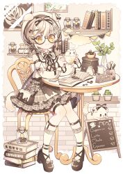 Rule 34 | 1girl, bag, book, book stack, bookshelf, bottle, bow, bowtie, cafe, cappuccino, chair, coffee, cup, dog, espresso (drink), frills, glasses, hat, heart, heart-shaped pupils, hyou (pixiv3677917), leaf, looking at viewer, menu board, original, pen, picture frame, shoes, short hair, shoulder bag, smile, symbol-shaped pupils, white hair, yellow eyes