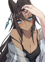 Rule 34 | 1girl, 1other, animal ears, bare shoulders, black hair, black tank top, blue eyes, blush, breasts, cleavage, closed mouth, collarbone, commentary request, dark-skinned female, dark skin, disembodied hand, earrings, highres, horse ears, horse girl, horse tail, jewelry, long hair, looking at viewer, medium breasts, ponytail, shirt, simple background, single earring, solo focus, strap slip, symboli kris s (umamusume), tail, tank top, toriumi (fioripera14), umamusume, very long hair, white background, white shirt