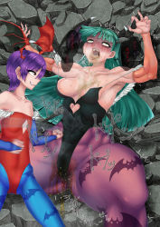 Rule 34 | 2girls, ass, bare shoulders, bat wings, blush, breasts, cameltoe, cleavage, clothing cutout, defeat, demon girl, fingernails, green eyes, green hair, grin, heart cutout, highres, large breasts, leotard, lilith aensland, long fingernails, long hair, morrigan aensland, multiple girls, open mouth, pantyhose, peeing, peeing self, punching, purple hair, red eyes, rolling eyes, runny makeup, ryona, sharp fingernails, sharp teeth, shiny clothes, small breasts, smile, soramin, speech bubble, stomach punch, sweat, tears, teeth, text focus, thighs, tongue, tongue out, translation request, vampire (game), vomit, wings