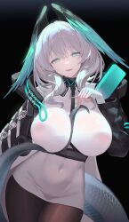 Rule 34 | 1girl, absurdres, aqua nails, aqua sclera, aqua wings, arknights, between breasts, black pantyhose, breasts, coat, colored sclera, covered navel, feathered wings, fingerless gloves, gloves, gradient background, grey hair, hair between eyes, head wings, highres, ho&#039;olheyak (arknights), impossible clothes, infection monitor (arknights), large breasts, long coat, looking at viewer, open clothes, open coat, open mouth, pantyhose, senya8833, simple background, slit pupils, snake tail, solo, strap between breasts, tail, wings