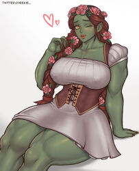 Rule 34 | 1girl, artist name, blush, brown hair, cheekie, colored skin, covered erect nipples, dress, earrings, female orc, flower, green skin, hair flower, hair ornament, highres, jewelry, long hair, looking at viewer, muscular, muscular female, one eye closed, orc, original, pink flower, pointy ears, simple background, sitting, solo, strapless, strapless dress, thighs, white background, white dress, yellow eyes