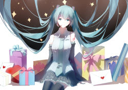 Rule 34 | 1girl, absurdly long hair, absurdres, anniversary, aqua eyes, aqua hair, aqua necktie, artist name, artist request, bare shoulders, birthday card, black skirt, black sleeves, black thighhighs, blue eyes, blue hair, blue necktie, box, breasts, collarbone, collared shirt, detached sleeves, female focus, frilled shirt collar, frills, gift, gift box, gift card, gift wrapping, hair between eyes, hair ornament, hatsune miku, headphones, headset, highres, key asan, letter, long hair, looking at viewer, medium breasts, microphone, miniskirt, nail polish, necktie, night, night sky, number tattoo, parted lips, pleated skirt, shirt, shoulder tattoo, sitting, skirt, sky, sleeveless, sleeveless shirt, sleeves past wrists, smile, solo, sparkle, star (sky), tattoo, teeth, thighhighs, tie clip, twintails, very long hair, vocaloid, white background, white shirt, wide sleeves, wing collar, zettai ryouiki