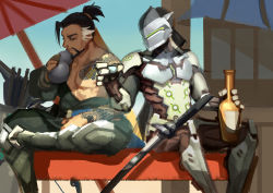 Rule 34 | 2boys, alcohol, armor, bottle, brothers, cyborg, genji (overwatch), gourd, greaves, hanzo (overwatch), japanese clothes, male focus, midomido, multiple boys, overwatch, overwatch 1, sake, siblings, sitting, tattoo