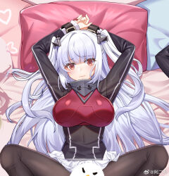 1girl aer_(tengqiu) arms_up black_pantyhose breasts essex_(warship_girls_r) highres large_breasts long_hair looking_at_viewer lying on_back on_bed pantyhose pillow red_eyes skirt solo spread_legs two_side_up warship_girls_r watermark weibo_watermark white_hair white_skirt