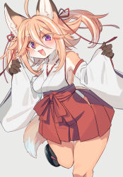 Rule 34 | 1girl, ahoge, animal ear fluff, animal ears, arms up, blouse, breasts, detached sleeves, fang, fox ears, fox girl, fox tail, furry, furry female, hakama, hakama skirt, highres, japanese clothes, leg up, long hair, miko, miniskirt, open mouth, original, pink eyes, red skirt, ribbon, saigi, sandals, shirt, skirt, sleeves past wrists, smile, solo, standing, standing on one leg, tail, thighs, twintails, white shirt, white sleeves