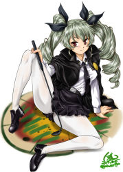 Rule 34 | 1girl, anchovy (girls und panzer), anzio (emblem), anzio school uniform, arm support, artist name, belt, black belt, black cape, black footwear, black necktie, black ribbon, black skirt, cape, closed mouth, commentary, dated, dress shirt, drill hair, emblem, gabri-l, girls und panzer, green hair, hair ribbon, hand on own knee, holding, knee up, legs, loafers, long hair, long sleeves, looking at viewer, miniskirt, necktie, pantyhose, pleated skirt, red eyes, ribbon, riding crop, school uniform, shirt, shoes, signature, simple background, sitting, skirt, smile, solo, twin drills, twintails, twitter username, white background, white pantyhose, white shirt, wing collar