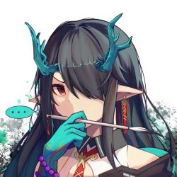 Rule 34 | ..., 1girl, arknights, bare shoulders, bead bracelet, beads, black hair, bracelet, calligraphy brush, chinese commentary, commentary request, dragon horns, dusk (arknights), earrings, hair over one eye, highres, holding, holding brush, horns, jewelry, long hair, looking at viewer, necktie, off shoulder, paintbrush, pointy ears, portrait, qx (qxhca), red eyes, red necktie, solo, speech bubble, spoken ellipsis, v-shaped eyebrows, white background