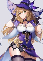 Rule 34 | 1girl, absurdres, black gloves, blush, breasts, capelet, cleavage, dress, flower, gan jiang, genshin impact, gloves, green eyes, hat, hat belt, highres, large breasts, light brown hair, lisa (genshin impact), long hair, looking at viewer, multicolored clothes, multicolored dress, purple capelet, purple flower, purple hat, smile, solo, thighs, vision (genshin impact), witch hat