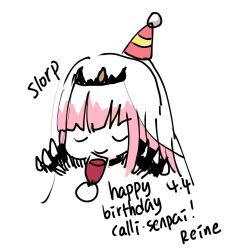 Rule 34 | 1girl, alcohol, black cape, cape, commentary, cup, doodle, drinking glass, english commentary, closed eyes, happy birthday, hat, holding, holding cup, hololive, hololive english, looking down, mori calliope, party hat, pavolia reine (artist), pink hair, smile, solo, spikes, tiara, veil, virtual youtuber, white background, wine, wine glass