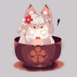 Rule 34 | !, 1girl, anger vein, animal ear fluff, animal ears, azur lane, blush, commentary request, fang, flower, grey background, hair flower, hair ornament, highres, in bowl, in container, liang feng qui ye, long hair, looking at viewer, mini person, minigirl, open mouth, red flower, silver hair, solo, thick eyebrows, v-shaped eyebrows, wavy mouth, white flower, wolf ears, yuudachi (azur lane)