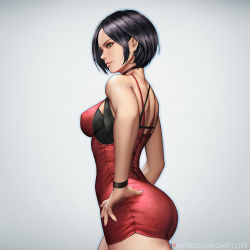 Rule 34 | 1girl, ada wong, ass, bad id, bad pixiv id, bare back, bare shoulders, black bra, black hair, bob cut, bra, breasts, brown eyes, capcom, choker, covered erect nipples, cropped legs, grey background, hands on own hips, light smile, lips, medium breasts, nail polish, neoartcore, resident evil, resident evil 2, resident evil 2 (remake), short hair, simple background, solo, thighs, underwear