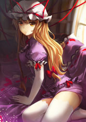 Rule 34 | 1girl, arm support, blonde hair, breasts, brown eyes, dress, elbow gloves, female focus, gloves, hat, highres, lace, lace-trimmed legwear, lace trim, large breasts, legs, long hair, looking at viewer, purple dress, ribbon, smile, sola (sola04), solo, thighhighs, thighs, touhou, white gloves, white thighhighs, yakumo yukari, zettai ryouiki