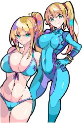 Rule 34 | 1girl, \||/, absurdres, alternate breast size, arms behind back, bare shoulders, bikini, blonde hair, blue bikini, blue bodysuit, bodysuit, breasts, cameltoe, cleavage, closed mouth, collarbone, commentary, contrapposto, dot nose, enpe, forehead, gluteal fold, green eyes, grin, hair between eyes, hand on own hip, high ponytail, highres, large breasts, legs apart, long hair, looking at viewer, medium breasts, metroid, nintendo, power suit (metroid), samus aran, simple background, smile, solo, split mouth, swimsuit, thigh gap, white background